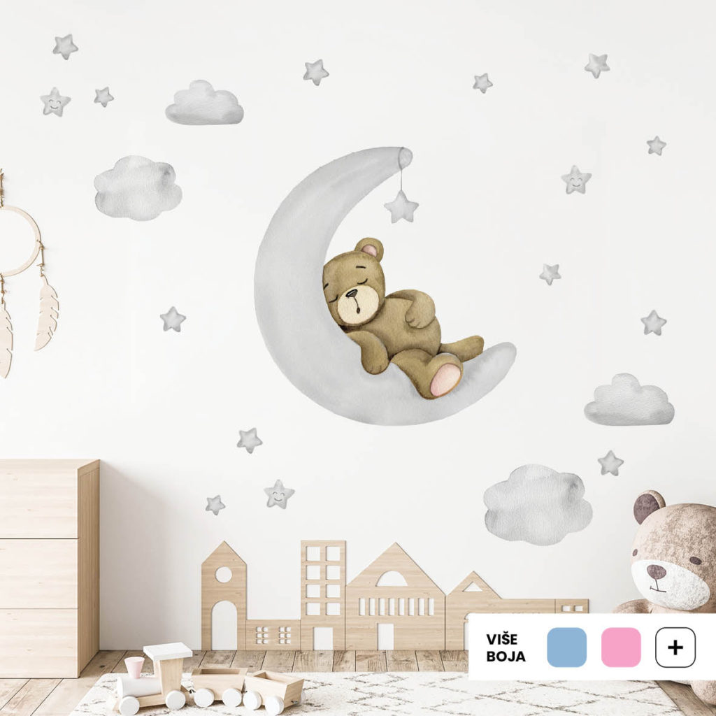 Textile wall sticker for kids' room "Teddy's Adventures" featuring a teddy bear on the moon, surrounded by clouds and stars. Perfect for transforming a child's room, available in different colours.