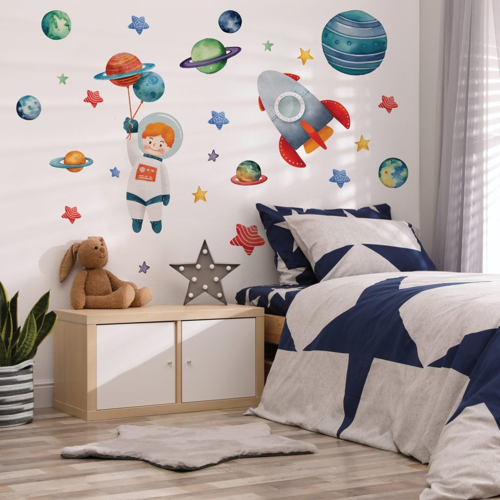 The "Chasing Blue Dreams" wall sticker from Sticky Gecko brings a world of imagination and space into any child's room. This high-quality kids' wall sticker is designed for little dreamers who love exploring endless galaxies and cosmic adventures.