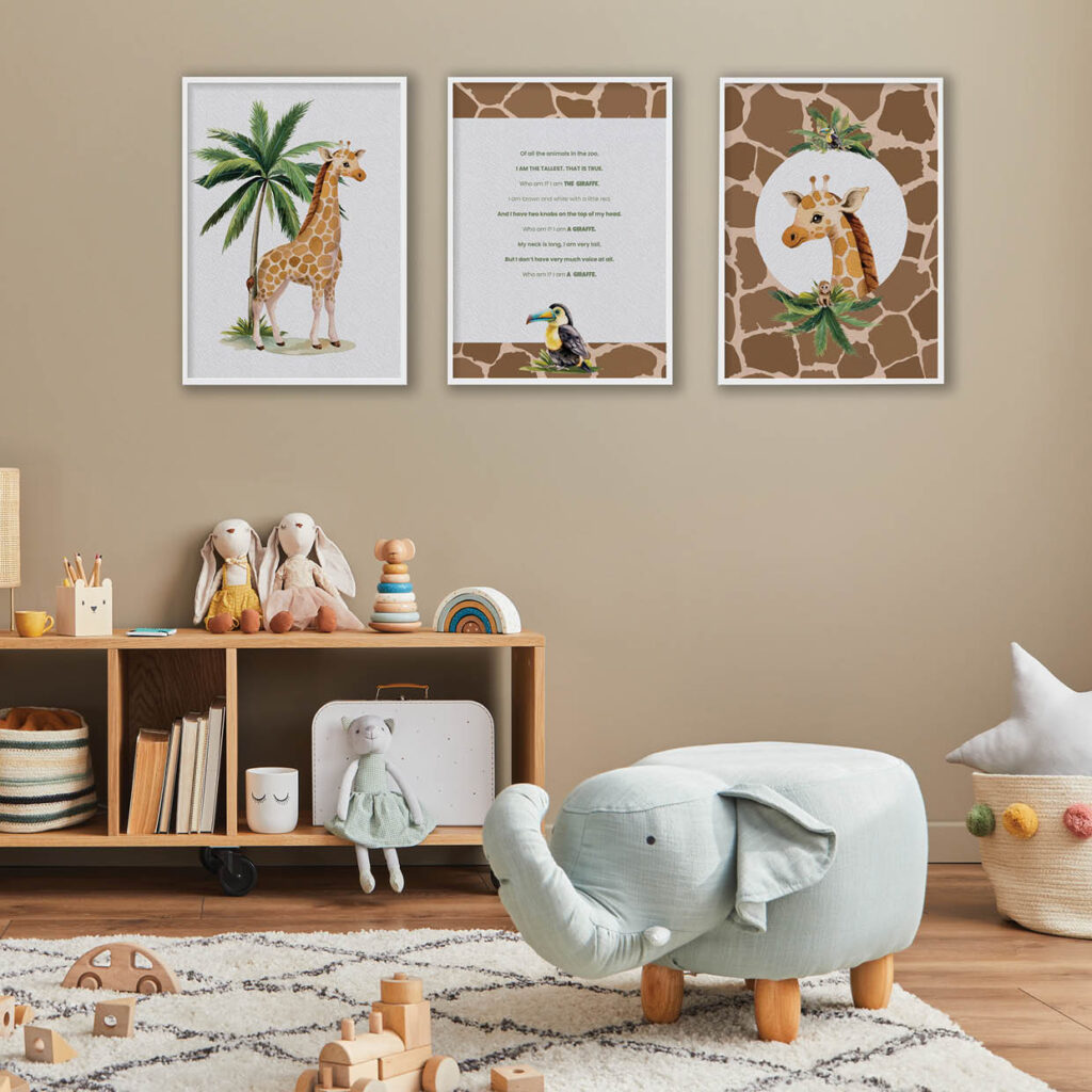 Giraffe's Safari adventure  - set of 3 posters from Sticky Gecko. Signature illustrations.