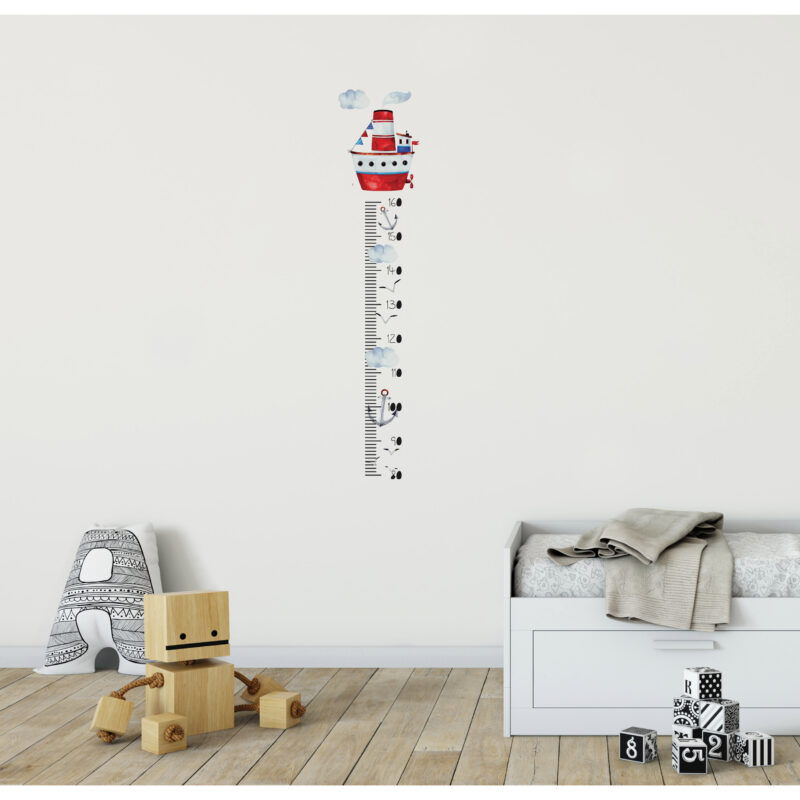 High-quality textile wall sticker – Joyful Ship growth chart for kids for kids, designed by HIA Workshop and printed by Sticky Gecko in Dubai.