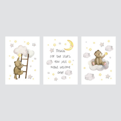 Nursery Poster Set | Teddy Reaching Stars | HIAWorkshop®