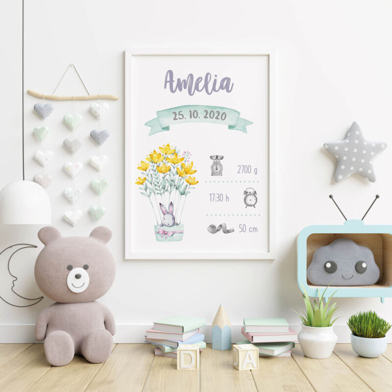 Personalised Rabbit Nursery Poster Journey UAE – Bunnies on a Journey