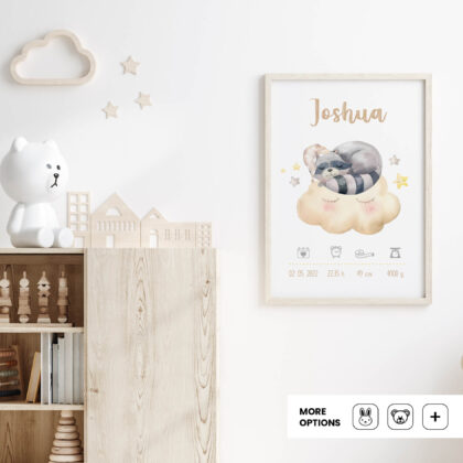 Personalised Forest Animals Poster Raccoon UAE – Dreaming Raccoon | HIA Workshop®