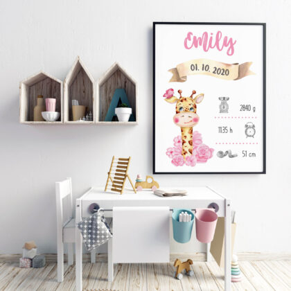 Personalised Animal Name Poster Giraffe UAE – Pink Giraffe