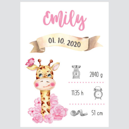 Personalised Animal Name Poster Giraffe UAE – Pink Giraffe