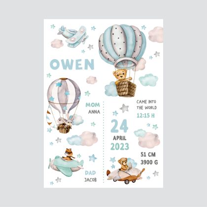 Personalised Hot Air Balloon Poster Boys UAE – Among the Clouds Boys | HIA Workshop®